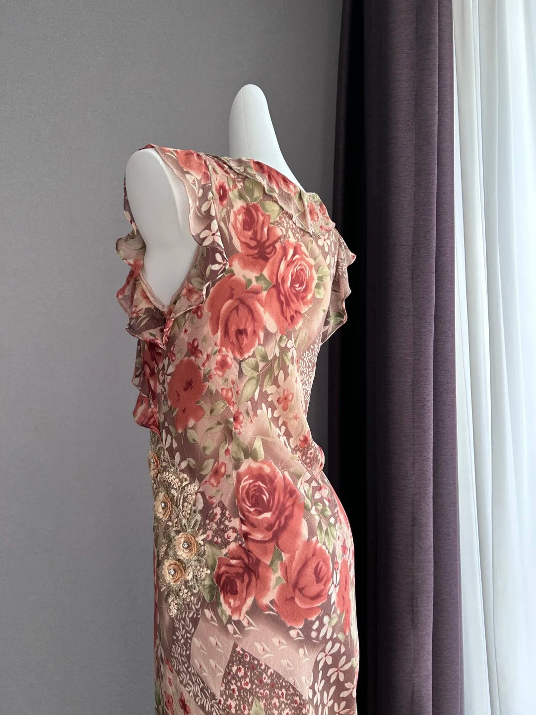 Vintage Coffee Pink Rose Sleeveless Ruffle Mermaid Chiffon Long Prom Dress Evening Dress P4841