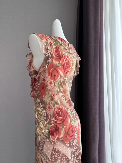 Vintage Coffee Pink Rose Sleeveless Ruffle Mermaid Chiffon Long Prom Dress Evening Dress P4841