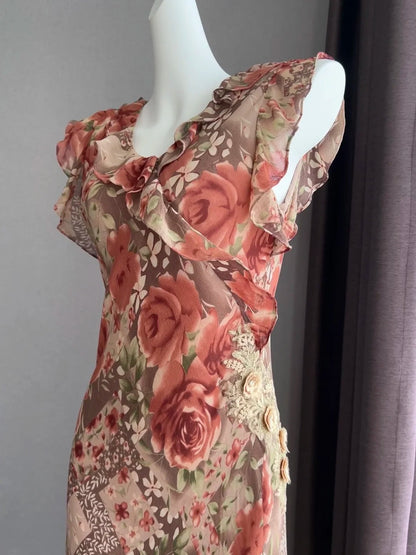 Vintage Coffee Pink Rose Sleeveless Ruffle Mermaid Chiffon Long Prom Dress Evening Dress P4841