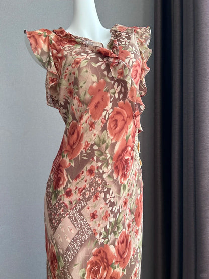Vintage Coffee Pink Rose Sleeveless Ruffle Mermaid Chiffon Long Prom Dress Evening Dress P4841
