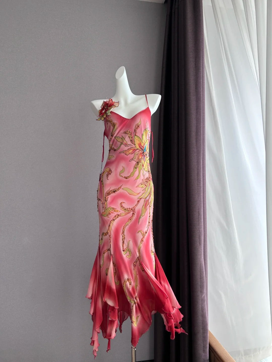 Dreamy Pink Gradient Spaghetti Strap Beaded Irregular Ruffle Mermaid Chiffon Long Prom Dress Evening Dress P4842