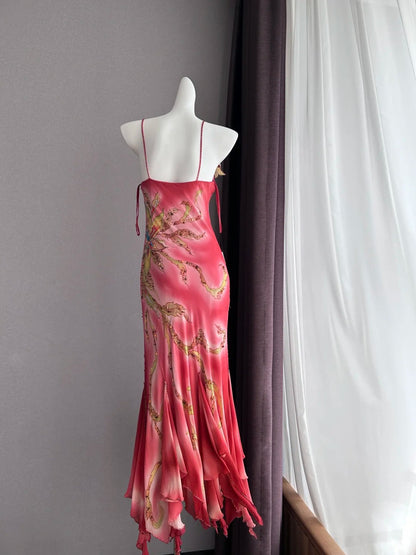 Dreamy Pink Gradient Spaghetti Strap Beaded Irregular Ruffle Mermaid Chiffon Long Prom Dress Evening Dress P4842