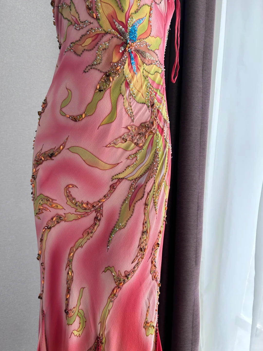 Dreamy Pink Gradient Spaghetti Strap Beaded Irregular Ruffle Mermaid Chiffon Long Prom Dress Evening Dress P4842