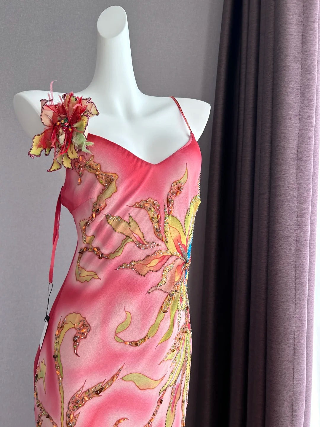 Dreamy Pink Gradient Spaghetti Strap Beaded Irregular Ruffle Mermaid Chiffon Long Prom Dress Evening Dress P4842