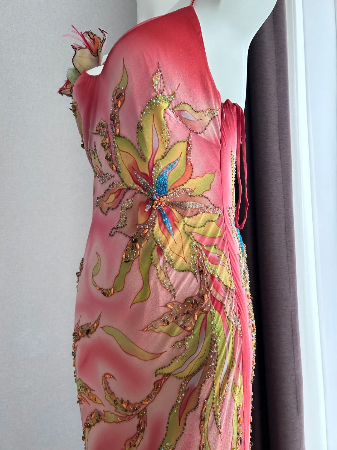 Dreamy Pink Gradient Spaghetti Strap Beaded Irregular Ruffle Mermaid Chiffon Long Prom Dress Evening Dress P4842