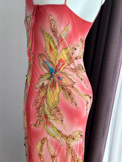 Dreamy Pink Gradient Spaghetti Strap Beaded Irregular Ruffle Mermaid Chiffon Long Prom Dress Evening Dress P4842