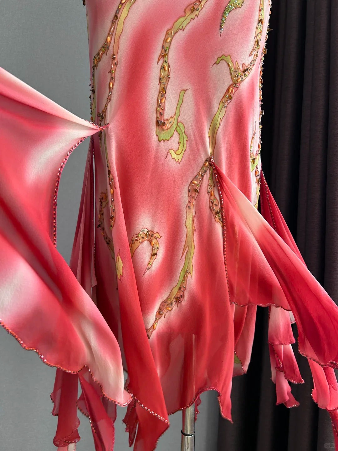 Dreamy Pink Gradient Spaghetti Strap Beaded Irregular Ruffle Mermaid Chiffon Long Prom Dress Evening Dress P4842