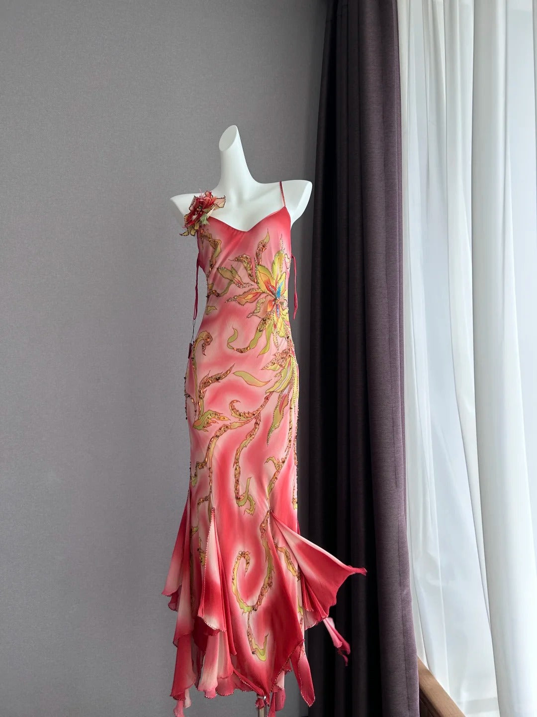 Dreamy Pink Gradient Spaghetti Strap Beaded Irregular Ruffle Mermaid Chiffon Long Prom Dress Evening Dress P4842
