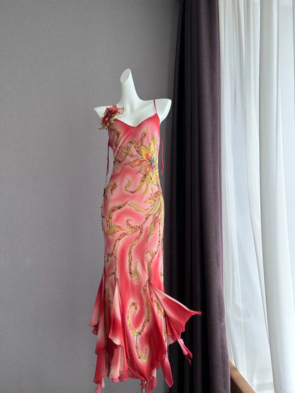 Dreamy Pink Gradient Spaghetti Strap Beaded Irregular Ruffle Mermaid Chiffon Long Prom Dress Evening Dress P4842