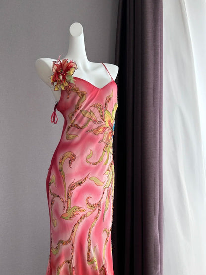 Dreamy Pink Gradient Spaghetti Strap Beaded Irregular Ruffle Mermaid Chiffon Long Prom Dress Evening Dress P4842