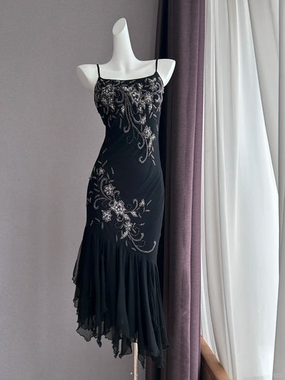 Luxurious Sparkling Black Spaghetti Strap Sequin Embroidery Mermaid Chiffon Prom Dress Evening Dress P4843