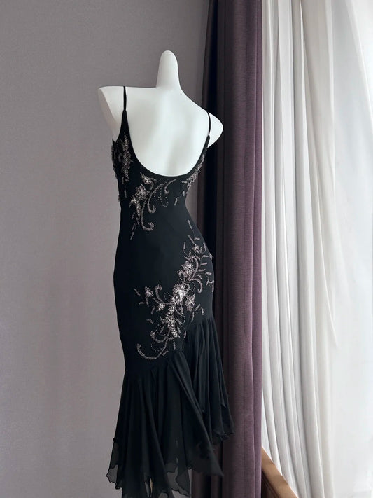 Luxurious Sparkling Black Spaghetti Strap Sequin Embroidery Mermaid Chiffon Prom Dress Evening Dress P4843