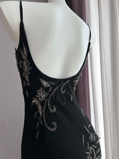 Luxurious Sparkling Black Spaghetti Strap Sequin Embroidery Mermaid Chiffon Prom Dress Evening Dress P4843