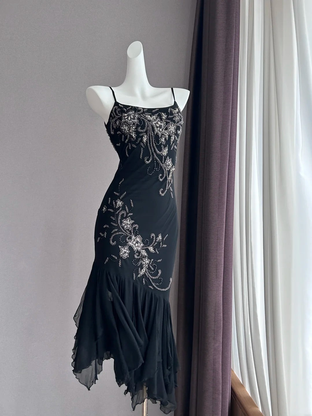 Luxurious Sparkling Black Spaghetti Strap Sequin Embroidery Mermaid Chiffon Prom Dress Evening Dress P4843