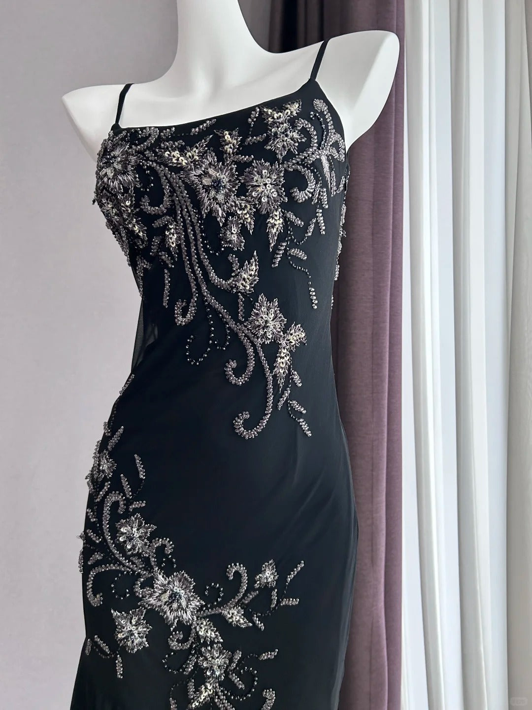 Luxurious Sparkling Black Spaghetti Strap Sequin Embroidery Mermaid Chiffon Prom Dress Evening Dress P4843