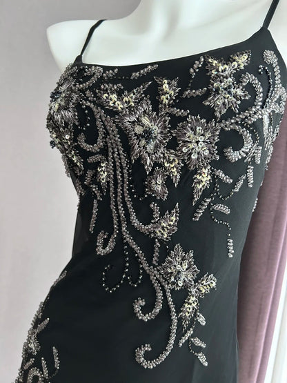 Luxurious Sparkling Black Spaghetti Strap Sequin Embroidery Mermaid Chiffon Prom Dress Evening Dress P4843