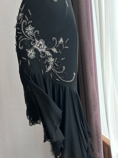 Luxurious Sparkling Black Spaghetti Strap Sequin Embroidery Mermaid Chiffon Prom Dress Evening Dress P4843