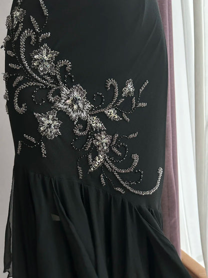 Luxurious Sparkling Black Spaghetti Strap Sequin Embroidery Mermaid Chiffon Prom Dress Evening Dress P4843