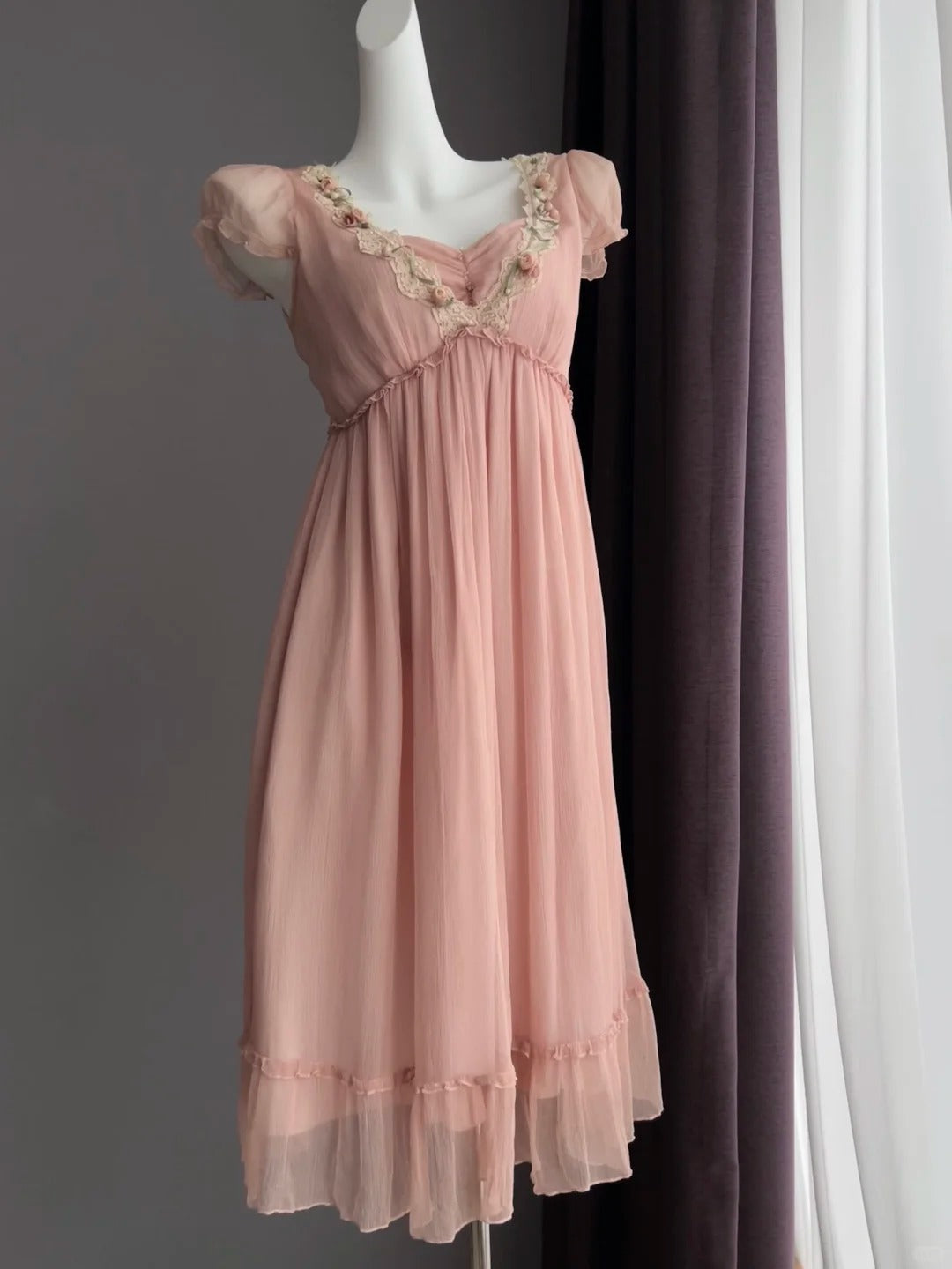 Sweet Pink Puff Sleeve Lace Trim Chiffon Prom Dress P4844