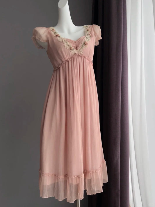 Sweet Pink Puff Sleeve Lace Trim Chiffon Prom Dress P4844
