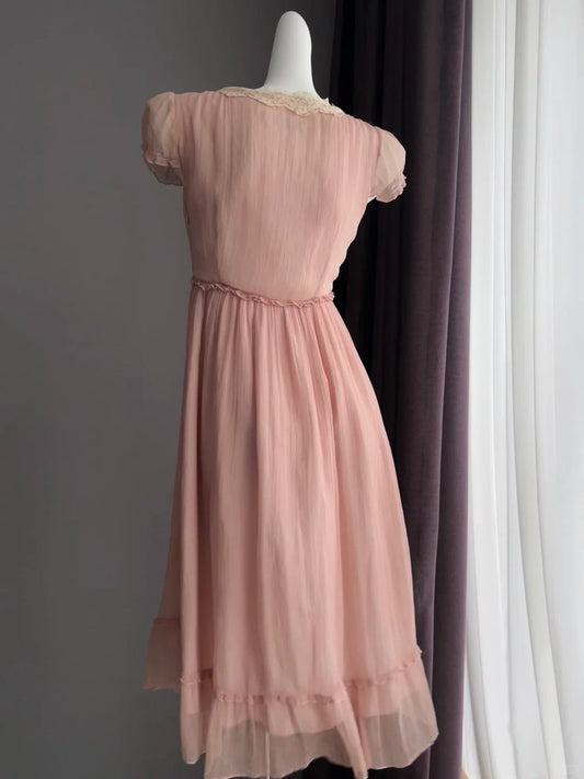 Sweet Pink Puff Sleeve Lace Trim Chiffon Prom Dress P4844