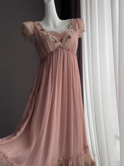 Sweet Pink Puff Sleeve Lace Trim Chiffon Prom Dress P4844