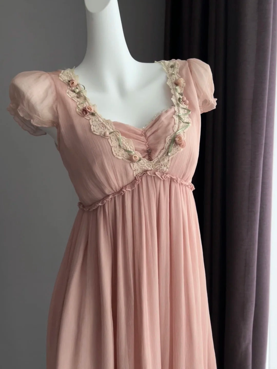 Sweet Pink Puff Sleeve Lace Trim Chiffon Prom Dress P4844