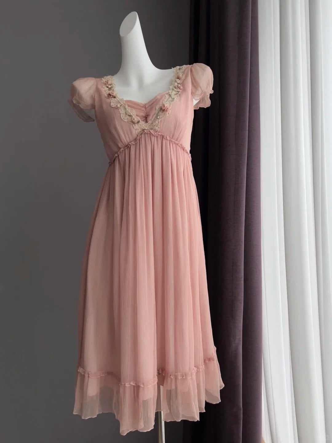 Sweet Pink Puff Sleeve Lace Trim Chiffon Prom Dress P4844