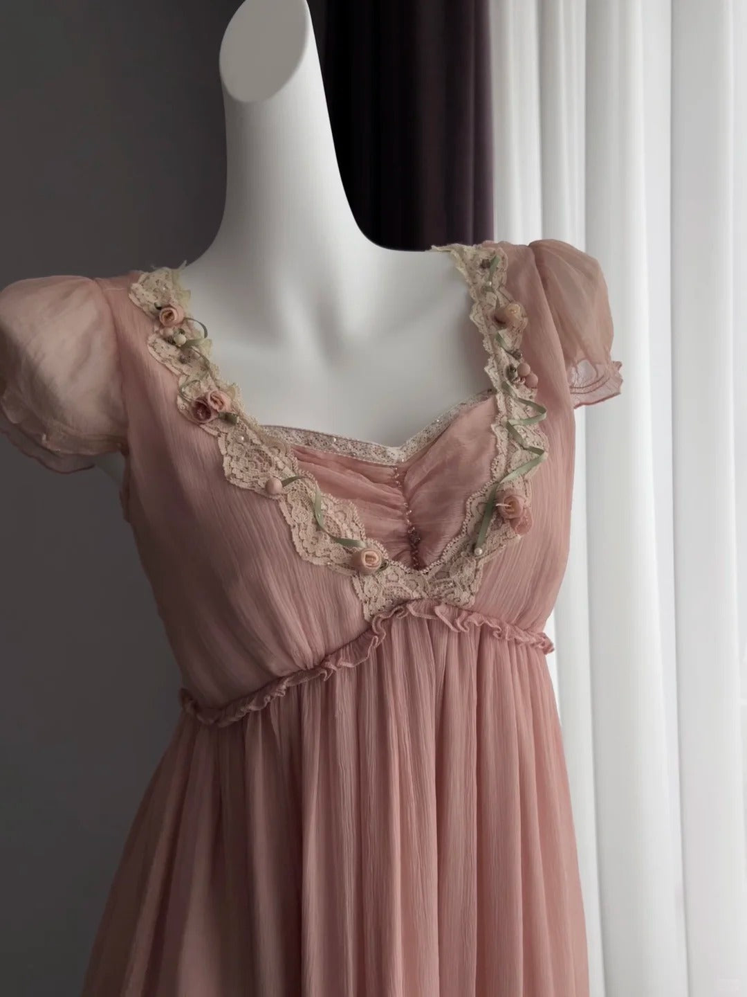 Sweet Pink Puff Sleeve Lace Trim Chiffon Prom Dress P4844