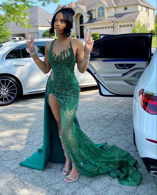 Modest Mermaid Black Girl Sequin Prom Dresses 22th Birthday Outfits P424