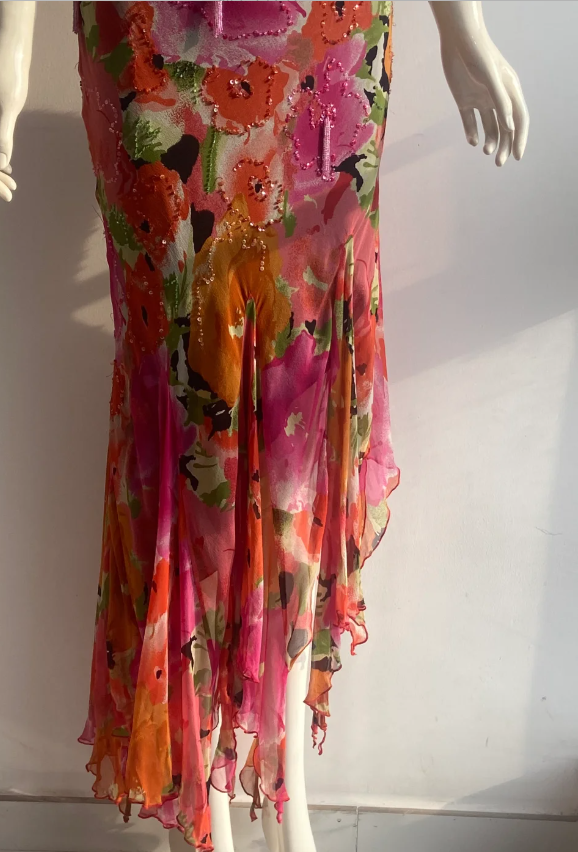 Vintage Print Spaghetti Strap Beaded Tassel Irregular Mermaid Chiffon Long Prom Dress Evening Dress P4845