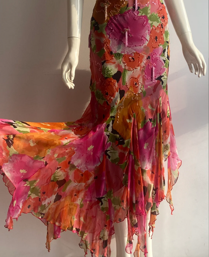 Vintage Print Spaghetti Strap Beaded Tassel Irregular Mermaid Chiffon Long Prom Dress Evening Dress P4845