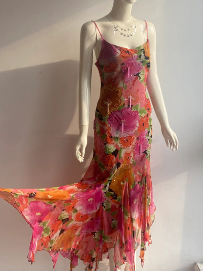 Vintage Print Spaghetti Strap Beaded Tassel Irregular Mermaid Chiffon Long Prom Dress Evening Dress P4845