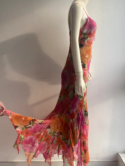 Vintage Print Spaghetti Strap Beaded Tassel Irregular Mermaid Chiffon Long Prom Dress Evening Dress P4845