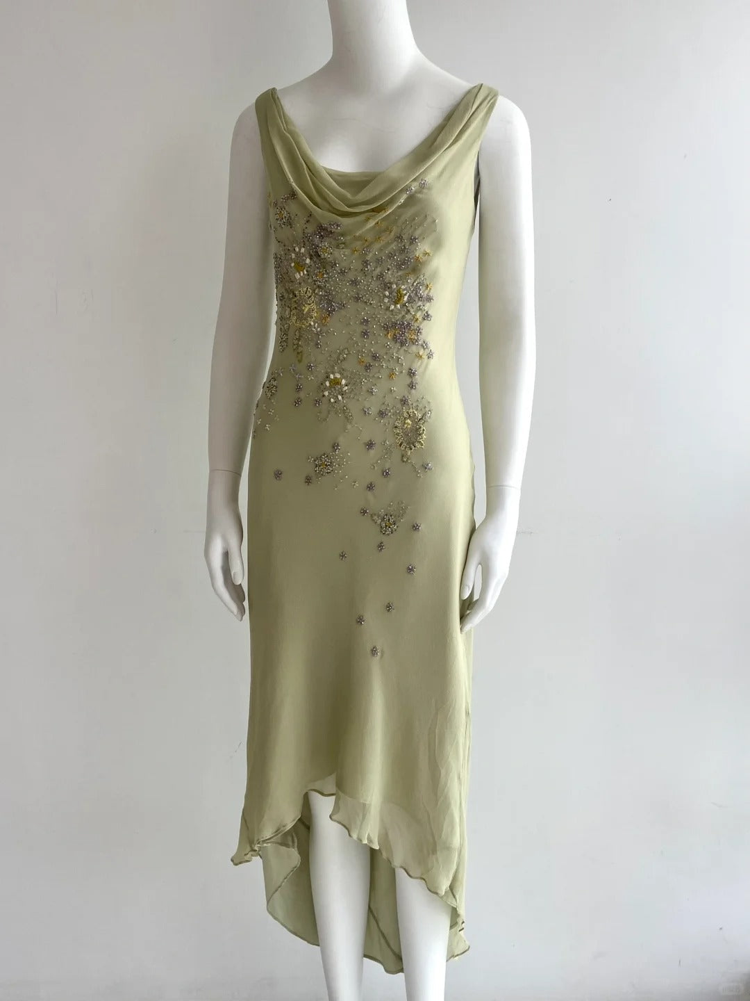 Elegant Bean Green Sleeveless Cowl Neck Beaded Chiffon Prom Dress Evening Dress P4846