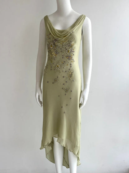 Elegant Bean Green Sleeveless Cowl Neck Beaded Chiffon Prom Dress Evening Dress P4846