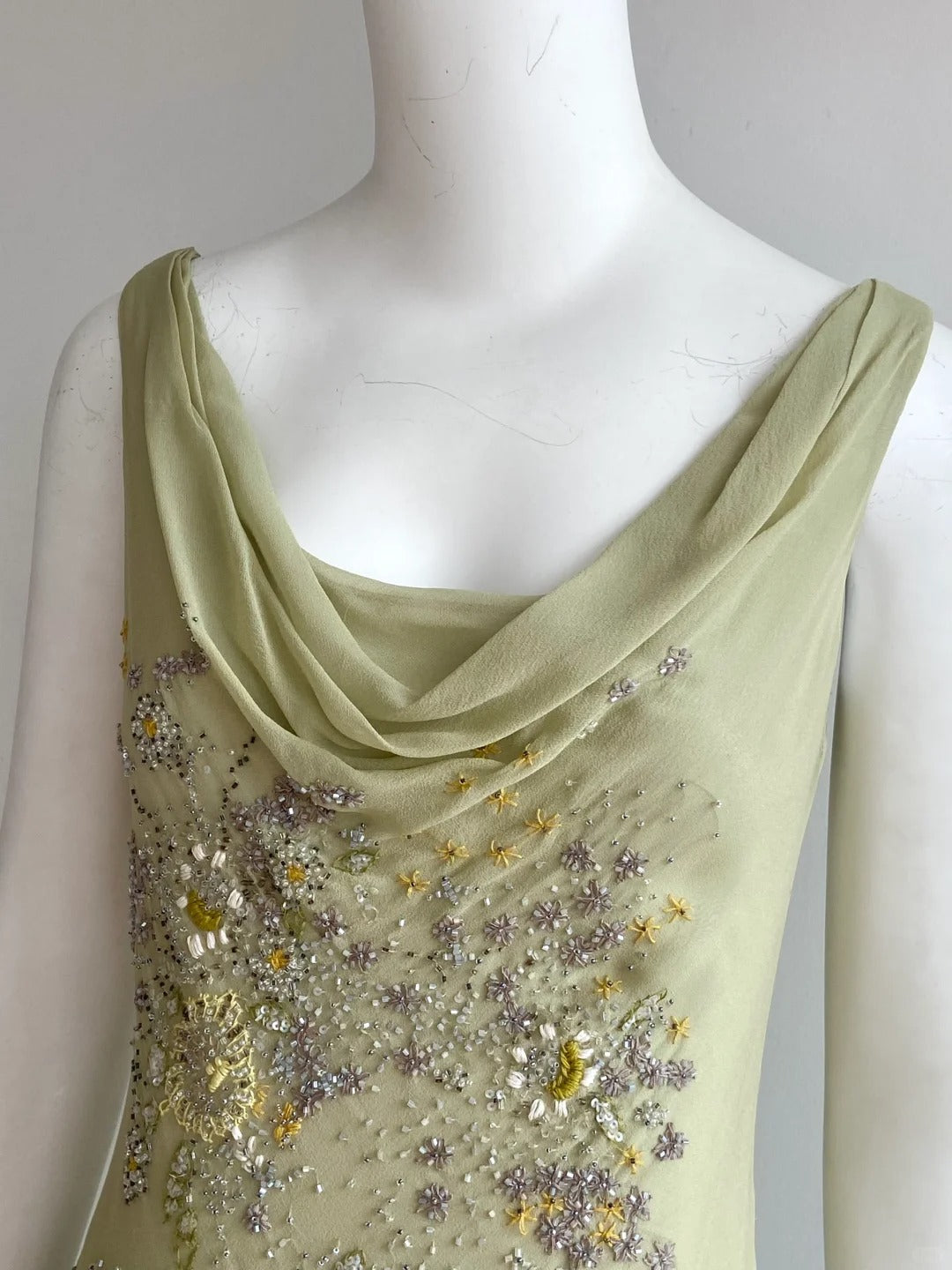 Elegant Bean Green Sleeveless Cowl Neck Beaded Chiffon Prom Dress Evening Dress P4846