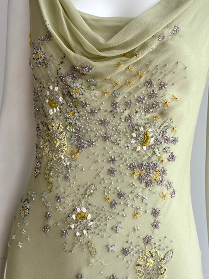 Elegant Bean Green Sleeveless Cowl Neck Beaded Chiffon Prom Dress Evening Dress P4846