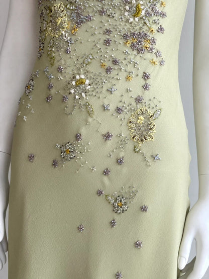 Elegant Bean Green Sleeveless Cowl Neck Beaded Chiffon Prom Dress Evening Dress P4846