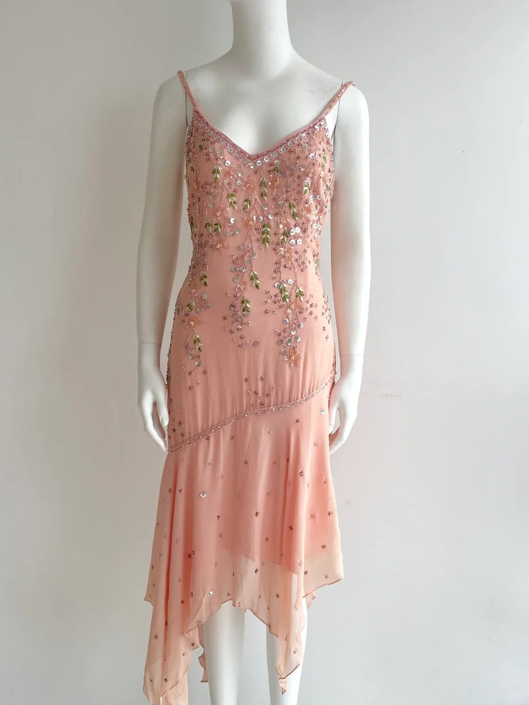 Beautiful Pink Spaghetti Strap Beaded Irregular Chiffon Prom Dress Birthday Dress P4847