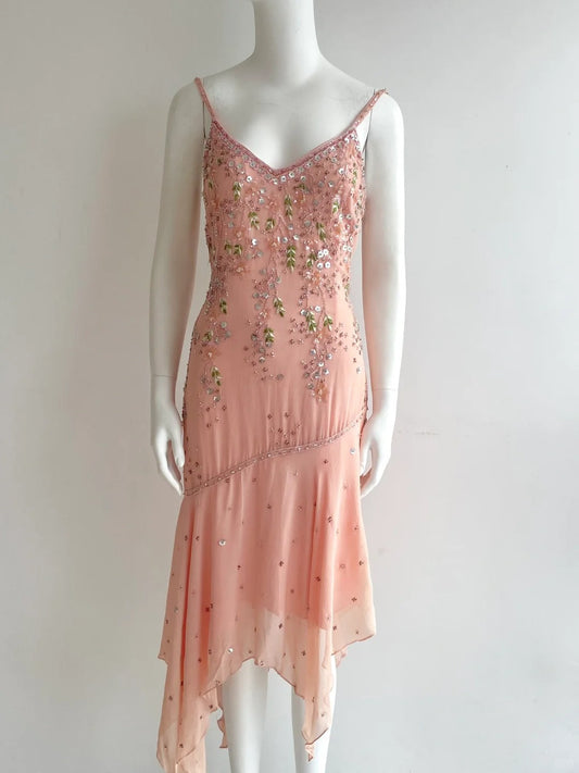 Beautiful Pink Spaghetti Strap Beaded Irregular Chiffon Prom Dress Birthday Dress P4847