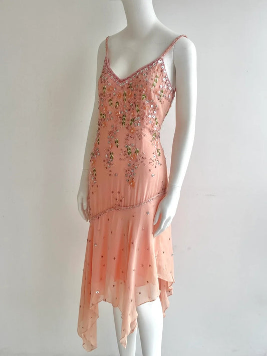 Beautiful Pink Spaghetti Strap Beaded Irregular Chiffon Prom Dress Birthday Dress P4847