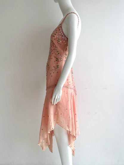 Beautiful Pink Spaghetti Strap Beaded Irregular Chiffon Prom Dress Birthday Dress P4847
