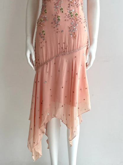 Beautiful Pink Spaghetti Strap Beaded Irregular Chiffon Prom Dress Birthday Dress P4847