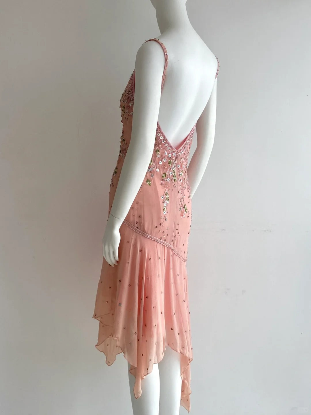 Beautiful Pink Spaghetti Strap Beaded Irregular Chiffon Prom Dress Birthday Dress P4847