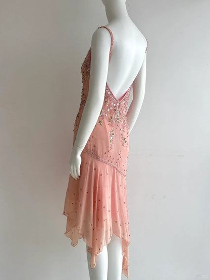 Beautiful Pink Spaghetti Strap Beaded Irregular Chiffon Prom Dress Birthday Dress P4847