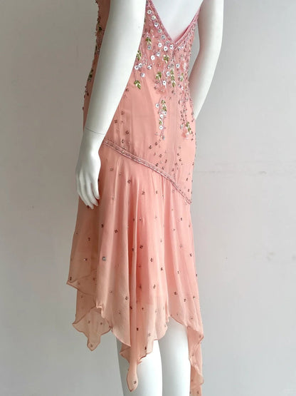 Beautiful Pink Spaghetti Strap Beaded Irregular Chiffon Prom Dress Birthday Dress P4847
