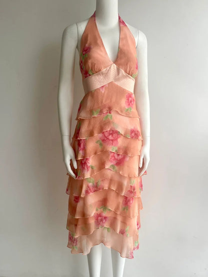 Vintage Orange Pink Halter Print Multi-Layer Ruffle Chiffon Prom Dress P4848