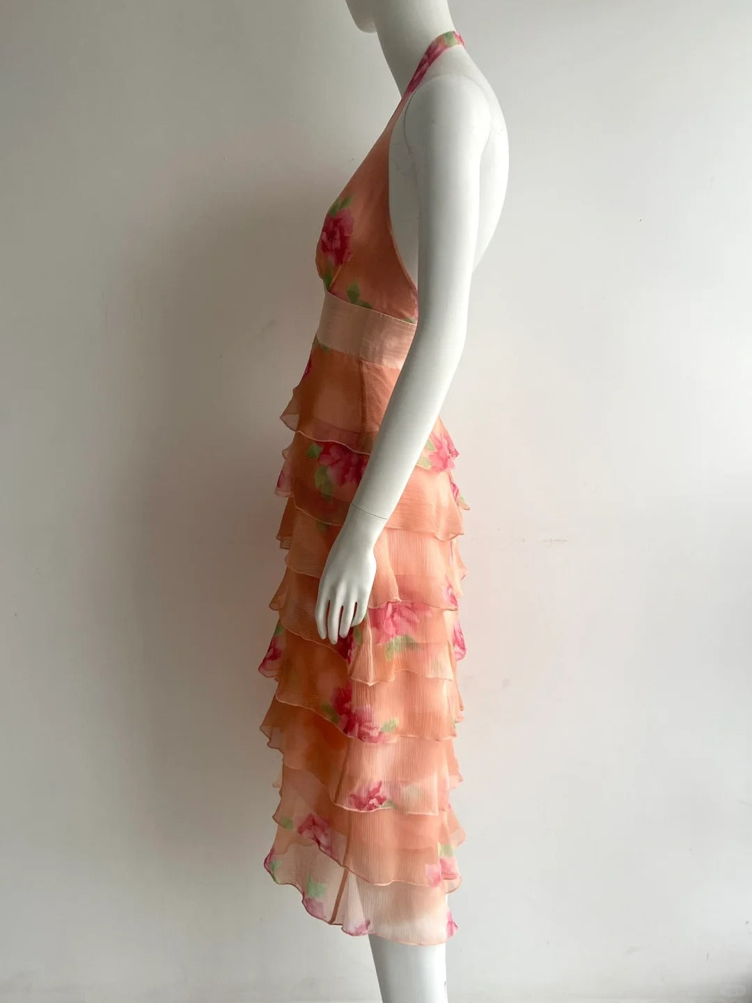 Vintage Orange Pink Halter Print Multi-Layer Ruffle Chiffon Prom Dress P4848
