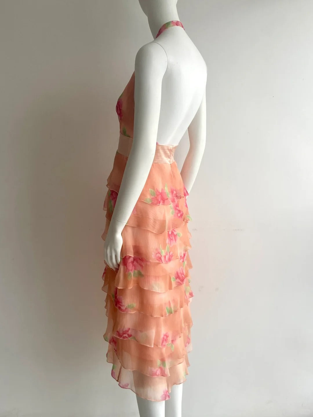 Vintage Orange Pink Halter Print Multi-Layer Ruffle Chiffon Prom Dress P4848